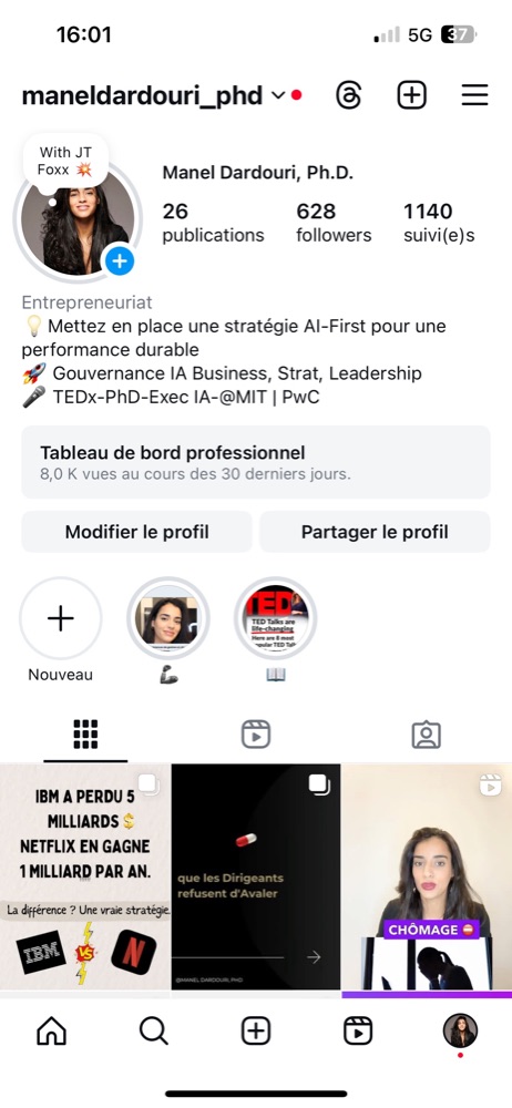 Profil à 628 abonnés